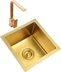 Kitchen Sink Gold Single Bowl Bar Counter Preparation with Faucet and Drain Pipe Drop-in Or Undermountstainless Steel Metal Sink Kitchen Essentials Bar Cleaning Container (Gold 38×38cm)