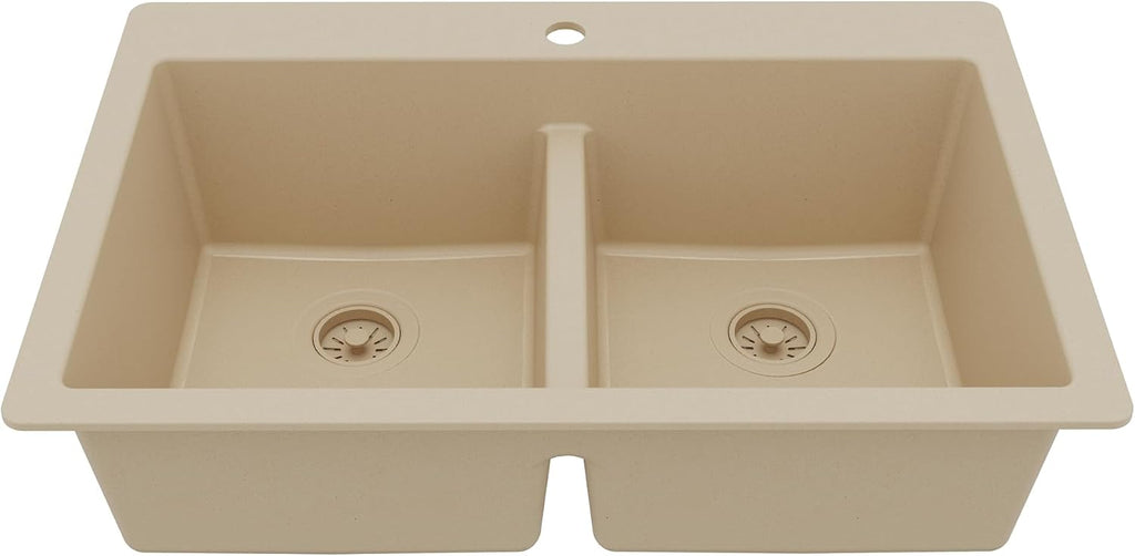 Karran 33' Bisque Quartz Composite Double Bowl Kitchen Sink – Top Mount Drop-In 50/50 Low Divider, 80% Natural Quartz, 535°F Heat Resistant, Sound Dampening, Granite Composite