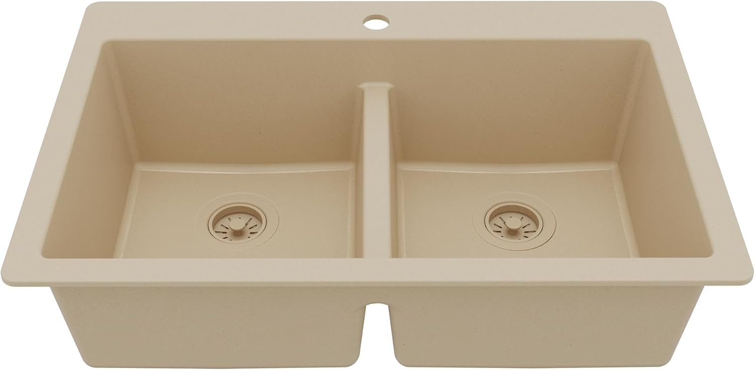 Karran 33' Bisque Quartz Composite Double Bowl Kitchen Sink – Top Mount Drop-In 50/50 Low Divider, 80% Natural Quartz, 535°F Heat Resistant, Sound Dampening, Granite Composite