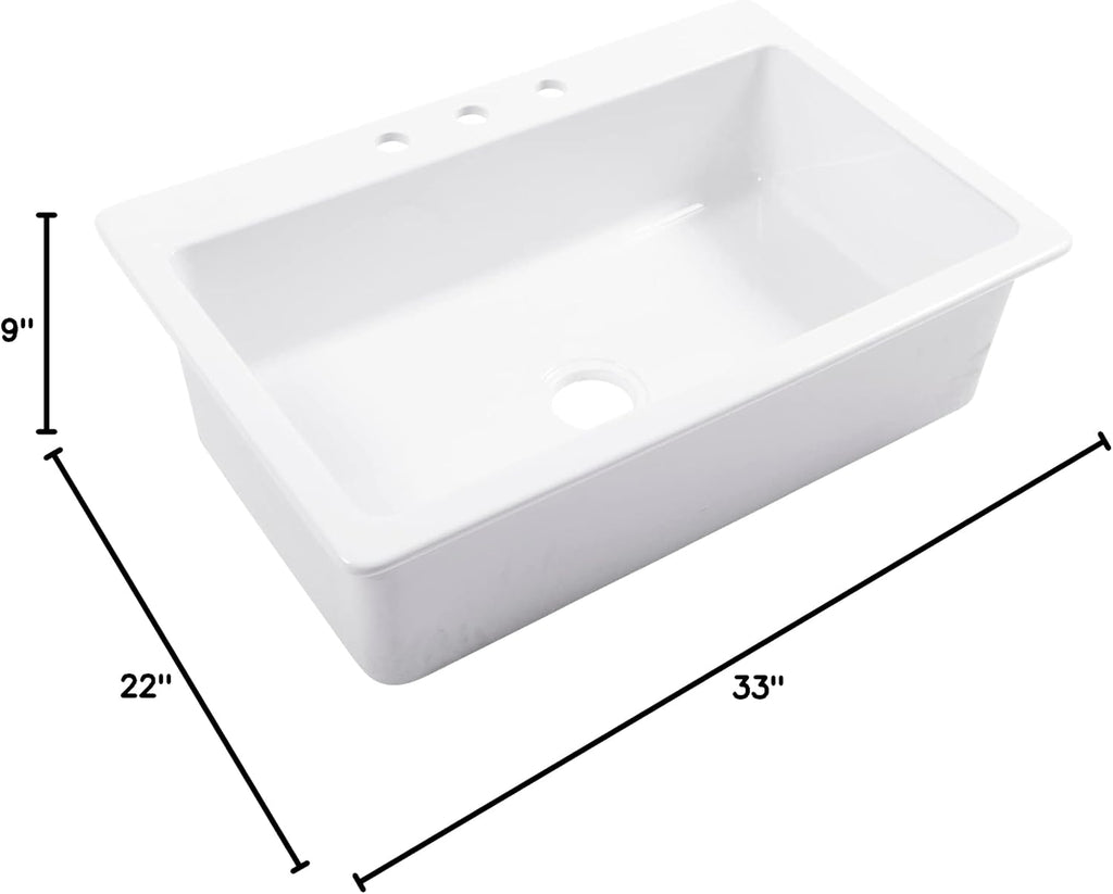 Sinkology Jackson 33 Inch Drop-In Fireclay Kitchen Sink White Single Bowl – Deep Basin, 3 Pre-Drilled Faucet Holes, Fits 36 Inch Cabinet