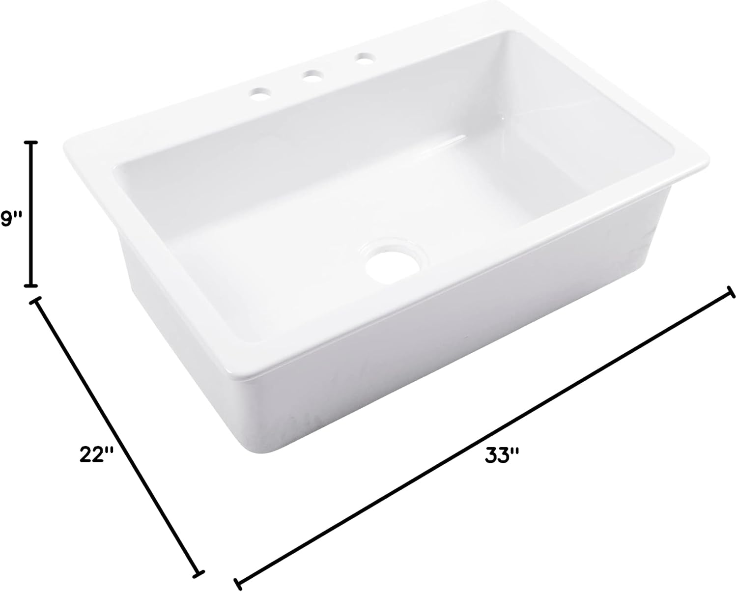 Sinkology Jackson 33 Inch Drop-In Fireclay Kitchen Sink White Single Bowl – Deep Basin, 3 Pre-Drilled Faucet Holes, Fits 36 Inch Cabinet