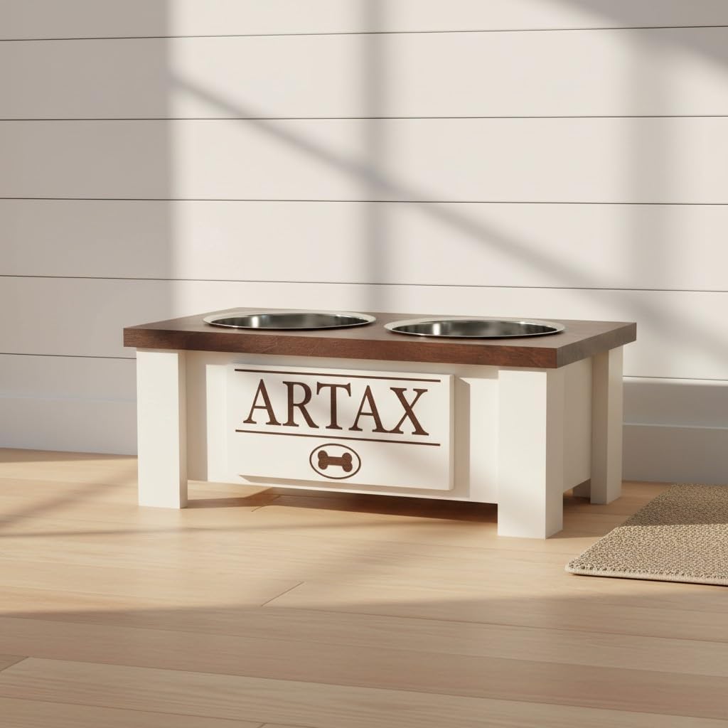 GTW Elevated Dog Bowl Stand for Small Dogs - Customized Feeding Station with Storage & Stainless Steel Food Bowls (Small, Dark Walnut)