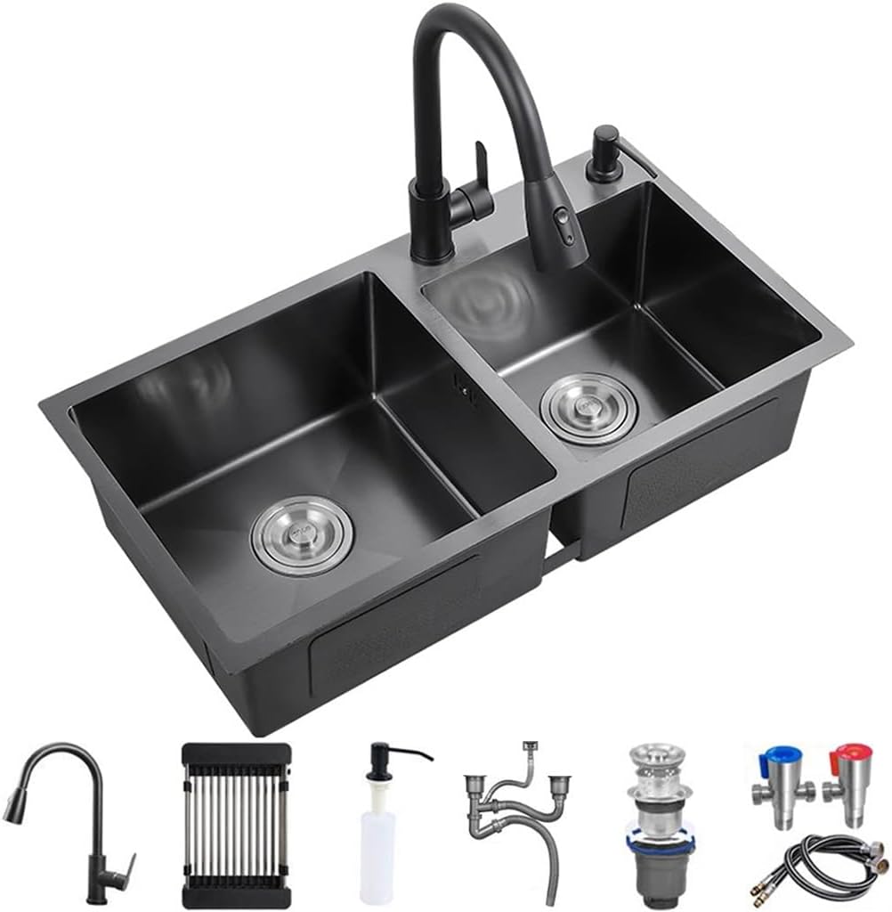 OM Black Nano Double Bowl Kitchen Sink Multifunctional Stainless Steel Bar Sink with Pull-Out Faucet Drain Basket Soap Dispenser Drainage Component (Black-72x40x21cm