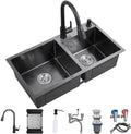 OM Black Nano Double Bowl Kitchen Sink Multifunctional Stainless Steel Bar Sink with Pull-Out Faucet Drain Basket Soap Dispenser Drainage Component (Black-72x40x21cm