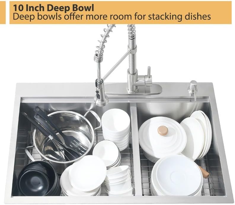 33 Inch Double Bowl Drop In Kitchen Sink Workstation-Bokaiya 33x22 Stainless Steel 60/40 Double Bowl Kitchen Sink 16 Gauge Deep Low Divide Double Sink with Cutting Board