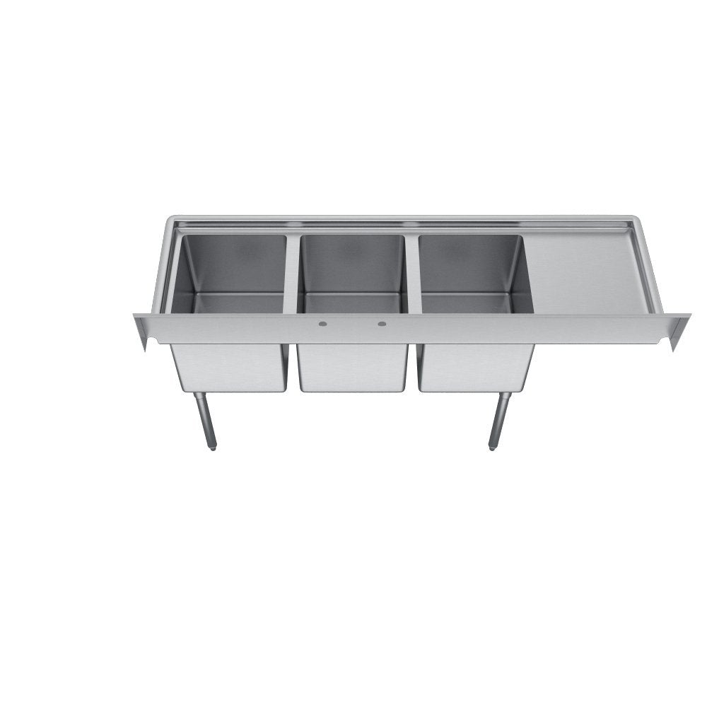Elkay Foodservice 3 Compartment Sink, 72.5'X25.75' OA, 36' Working Height, 16X20 Bowl, 12 Deep, 9.75' Backsplash, Left 18' Drainboards, 8' On Center Faucet Hole, Galvinized Legs, Adjustable Feet, 18 Gauge 300 Series Stainless Steel, NSF Certified