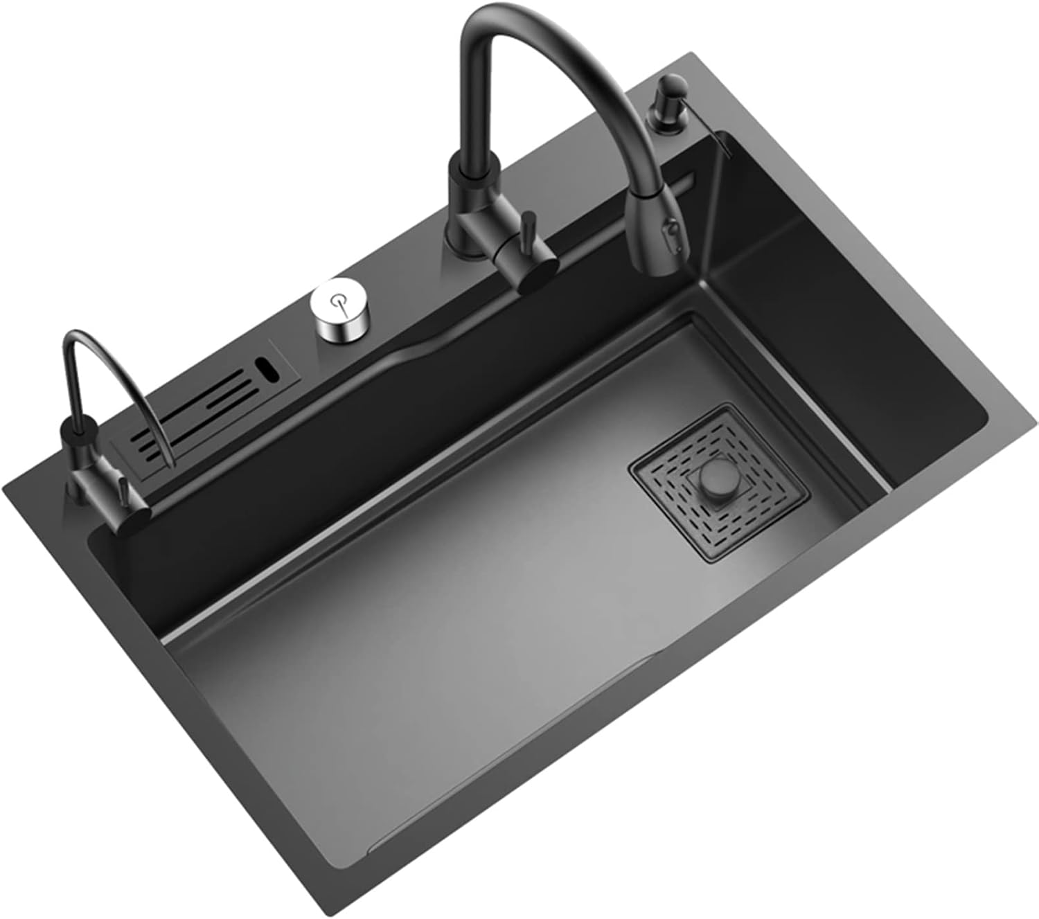 304 Stainless Steel Single Bowl Kitchen Sink Square Nano Bar Sink Rv Sink with Pull-Out Faucet and Drainage Components Top Mount Or Undermount (Color : Black-C, Size : 75x46x20cm) (Blackc 75x46x2