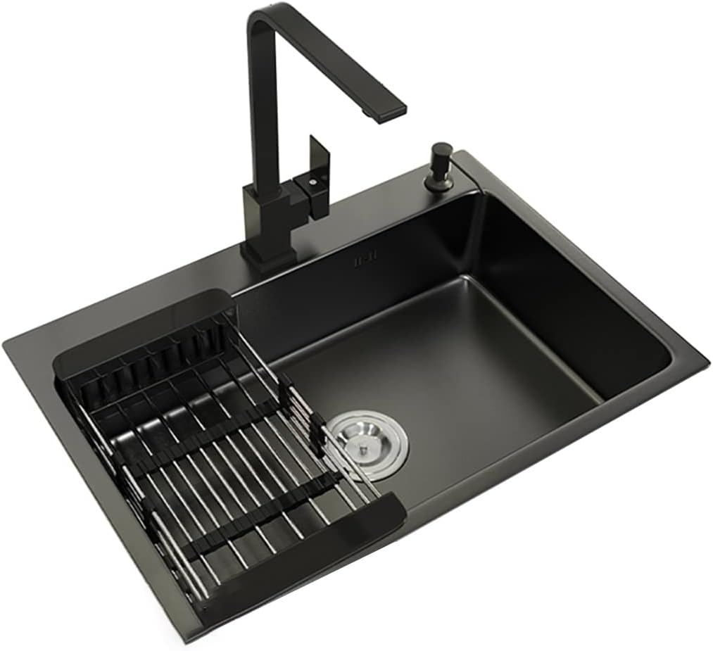 Kitchen Sink Black Nano Stainless Steel RV Sink Single Bowl Bar Prep Wet Bar & Prep Sink with Square Faucet & Drain Top Mount Or Undermount (Color : Black, Size : 68x45x22cm) (Black 65x45x22cm)