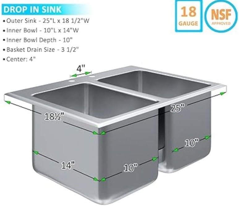 Premium Quality Stainless Steel Compartment Drop-In Sink for Kitchen, Laundry and Garage | Commercial Sink for Restaurant | NSF Certified (2 Bowl 10' x 14' x 10' No Faucet)