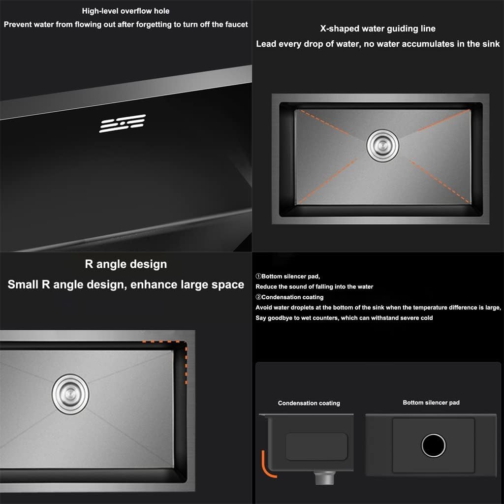 Kitchen Sink. Black Single Bowl 304 Stainless Steel RV Sink with Drain Pipe Top Mount Or Bar Sink Or Outdoor Sink (Black 50x40x22cm)