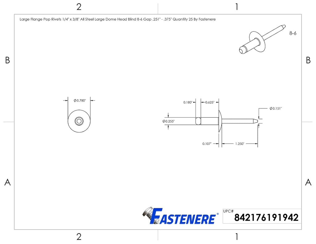 DIY Man - Large Flange Pop Rivets 1/4' x 3/8'All Steel (8-6) Dome Head Quantity 250 D&J