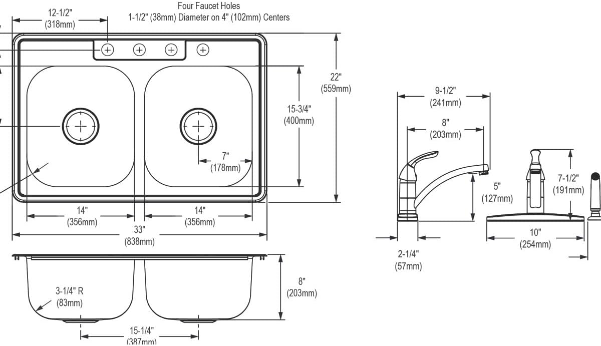 Elkay Dayton Stainless Steel 33' x 22' x 8-1/16', 4-Hole Equal Double Bowl Drop-in Sink and Faucet Kit