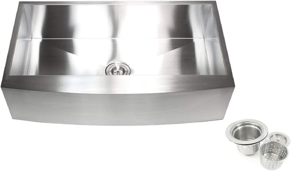 Contemporary Durable Zero Radius 16 Gauge Stainless Steel Single Bowl Apron Front Farmhouse Kitchen Sink with Lift-out Basket Strainer (36 Inch Curve Front)
