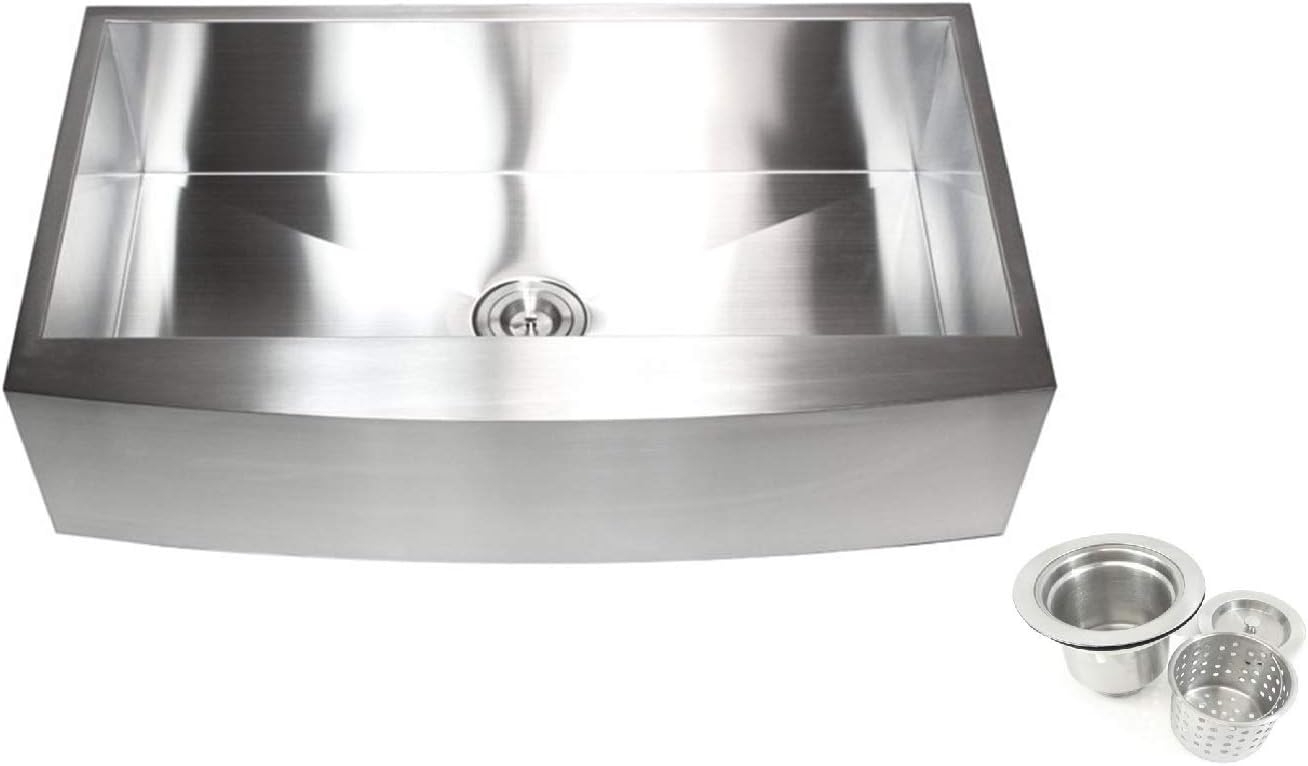 Contemporary Durable Zero Radius 16 Gauge Stainless Steel Single Bowl Apron Front Farmhouse Kitchen Sink with Lift-out Basket Strainer (36 Inch Curve Front)