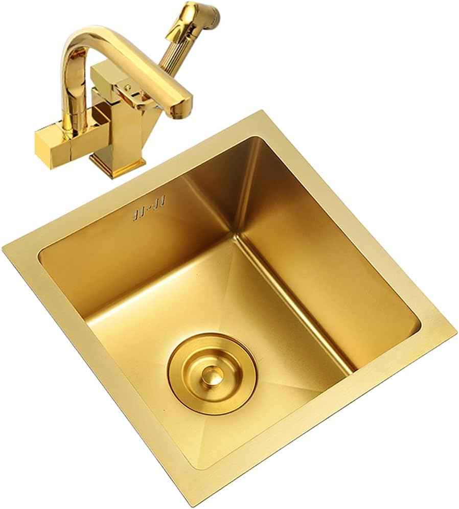 Kitchen Sink Single Bowl Bar Counter Preparation with Faucet and Drain Pipe Drop-in Or Undermountstainless Steel Metal Sink Kitchen Essentials (Color : Gold, Size : 38×38cm) (Gold 36×36cm)