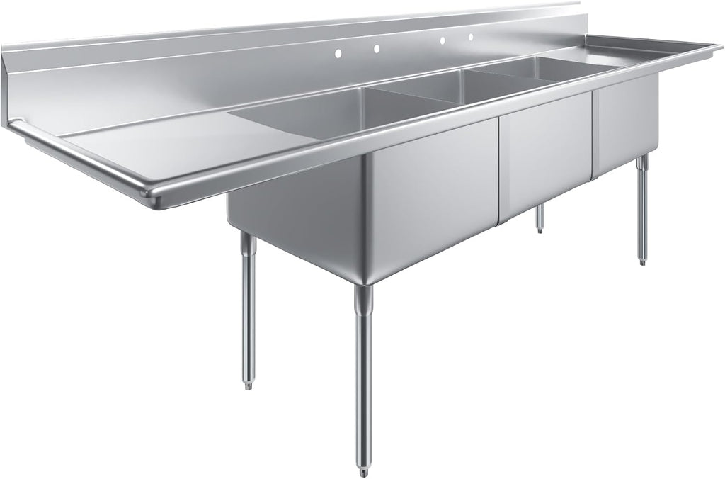 120 in. x 30 in. Stainless Steel Three Compartment Sink with 24 in. x 24 in. x 14 in. Bowls and Dual 24 in. Drainboards