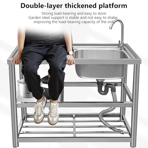 Freestanding Utility Sink,Outdoor Sink Set,32/35/40in Utility Sink,Stainless Steel Sink,Free Standing Stainless-Steel Single Bowl Kitchen Sink Set with fauc(90 * 45 * 80cm/34 * 17.7 * 35in