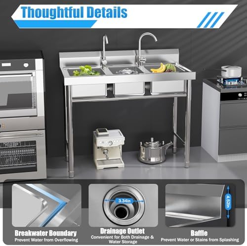 3-Compartment Sink, Stainless Steel Utility Sink with Hot & Cold Faucets, Freestanding Commercial Triple Bowl Kitchen Sink for Bars and Kitchens