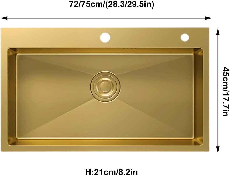 Kitchen Sink 304 Stainless Steel RV Sink Single Bowl Bar Preparation with Pull-Out Faucet and Installation Kit Drop-in Or Undermount (Color : Gold, Size : 72x45x21cm) (Gold 72x45x21cm)
