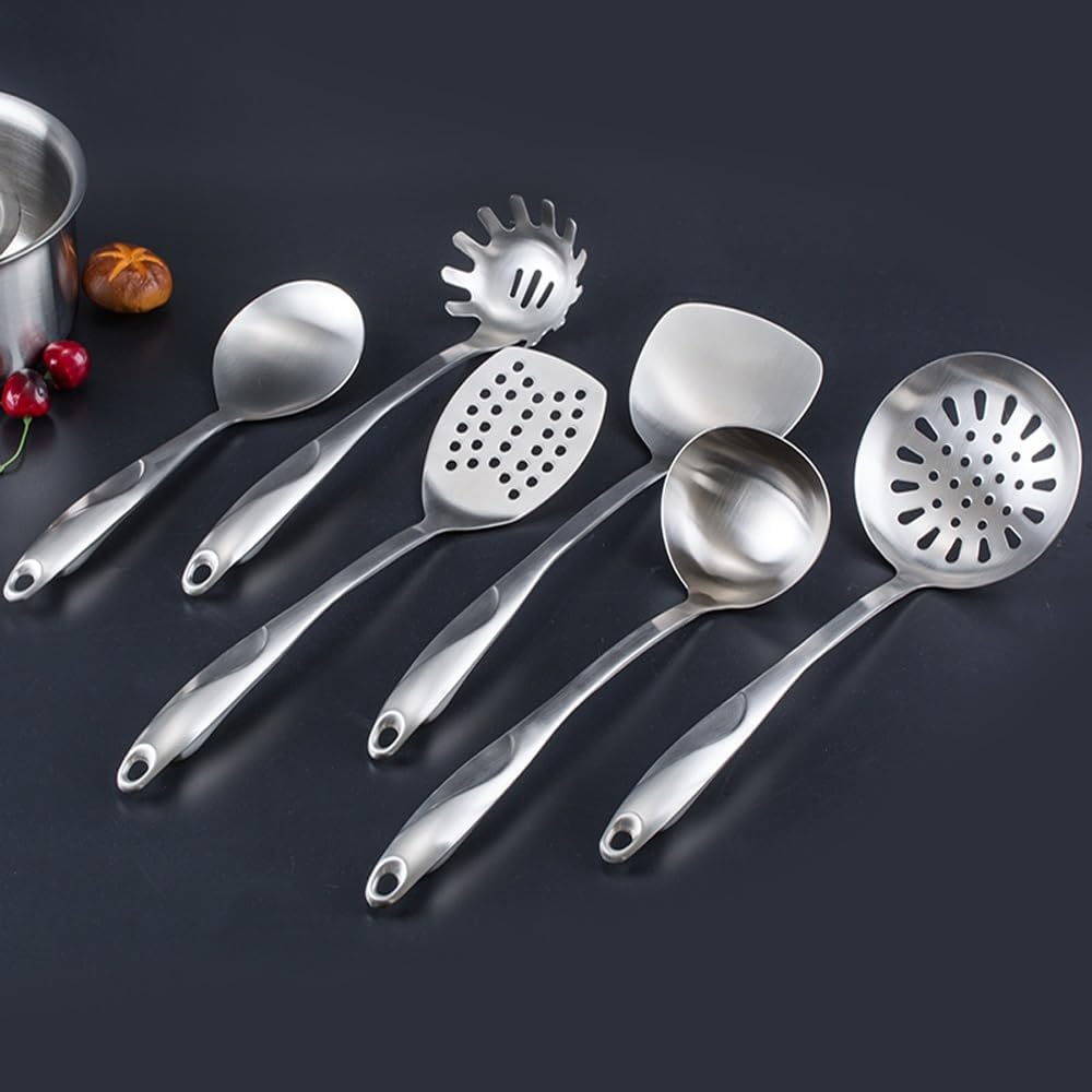 Stainless Steel Cooking Utensils Set with Holder, 7-Pieces All Metal Kitchen Utensils, Kitchen Tools with Countertop Rotating Stand