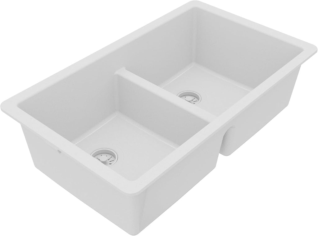 Karran 32' White Quartz Composite Undermount Double Bowl Kitchen Sink with Low Divider – 50/50 Equal Bowl, 535°F Heat Resistant, Sound Dampening, QU-810