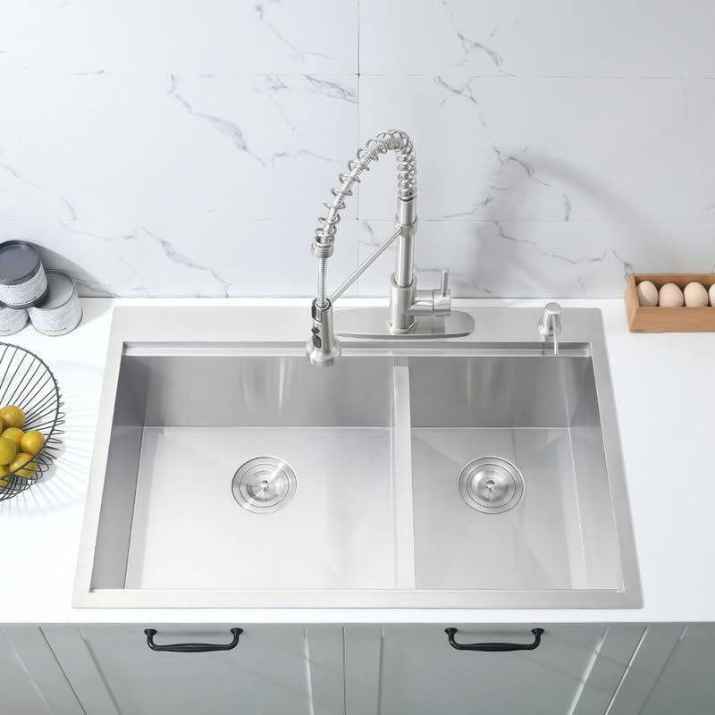 33 Inch Double Bowl Drop In Kitchen Sink Workstation-Bokaiya 33x22 Stainless Steel 60/40 Double Bowl Kitchen Sink 16 Gauge Deep Low Divide Double Sink with Cutting Board