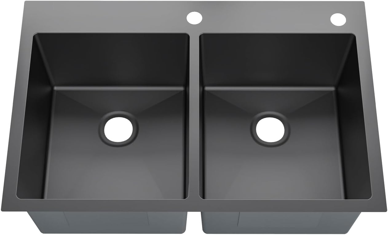 Sinber HT3322D-9-B Drop in Double Bowl 304 Stainless Steel Kitchen Sink (33' x 22' x 9'(Black Sink Only))