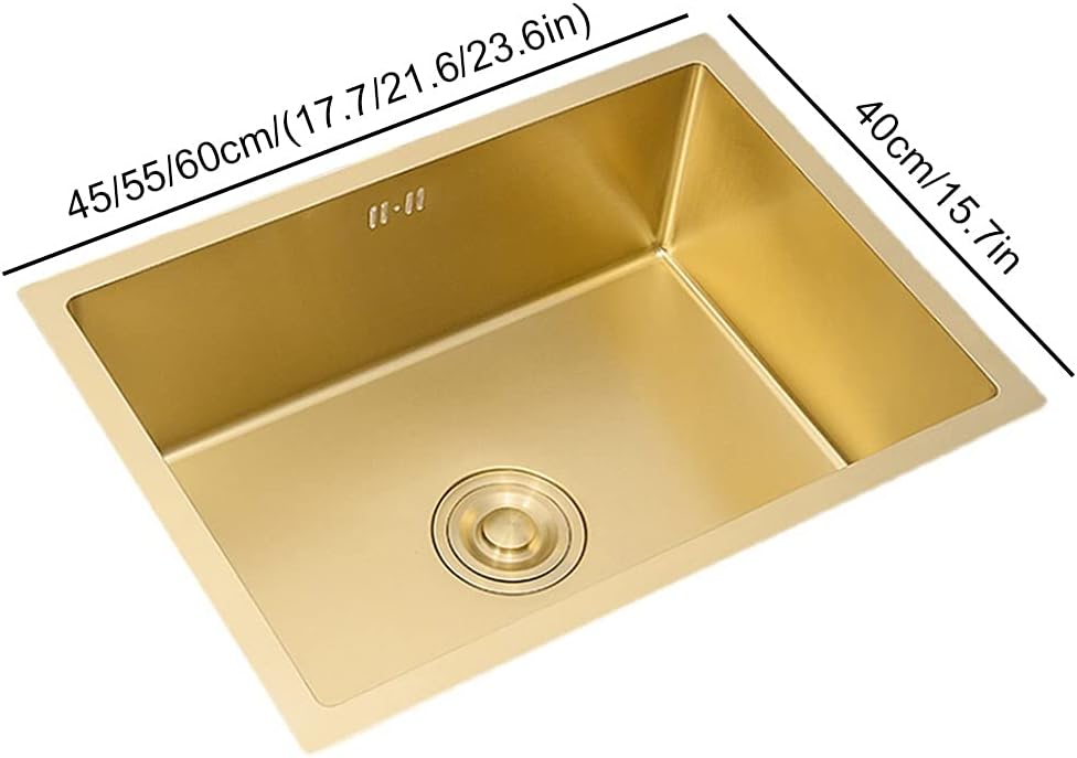 Kitchen Sink Golden Square 304 Stainless Steel Sink Single Bowl Bar Counter Ready with Pull-Out Faucet and Drain Pipe Drop-in Or Undermount (Color : Gold, Size : 45×40cm) (Gold 45×40cm)