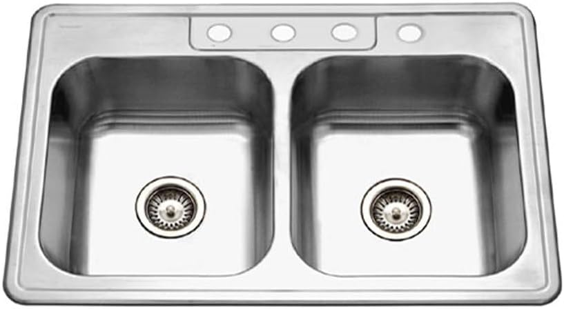 Houzer Glowtone Stainless Steel Kitchen Sink: 33 Inch Drop-in Topmount 4-Hole 50/50 Double Bowl, Durable & Versatile, Essential for Home & Apartment: 3322-8BS4-1