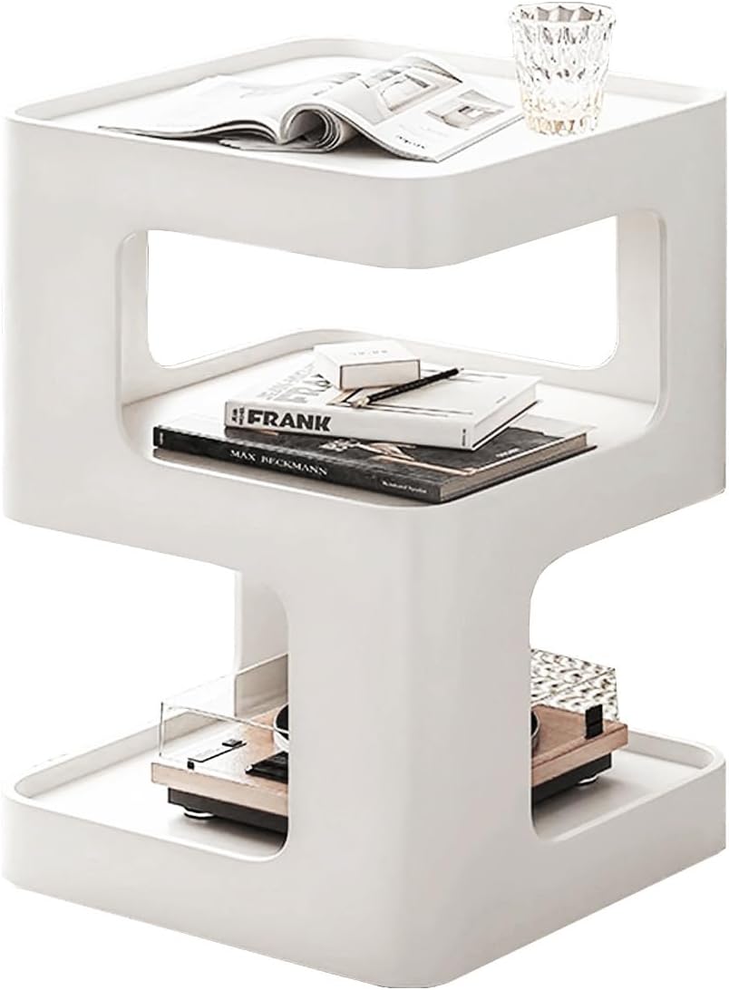 Modern Metal Side Table with Storage,Small End Table for Sofa & Couch,3-Tier Compact Nightstand for Small Spaces,White Bedside Tables for Living Room & Bedroom,No Assembly Required