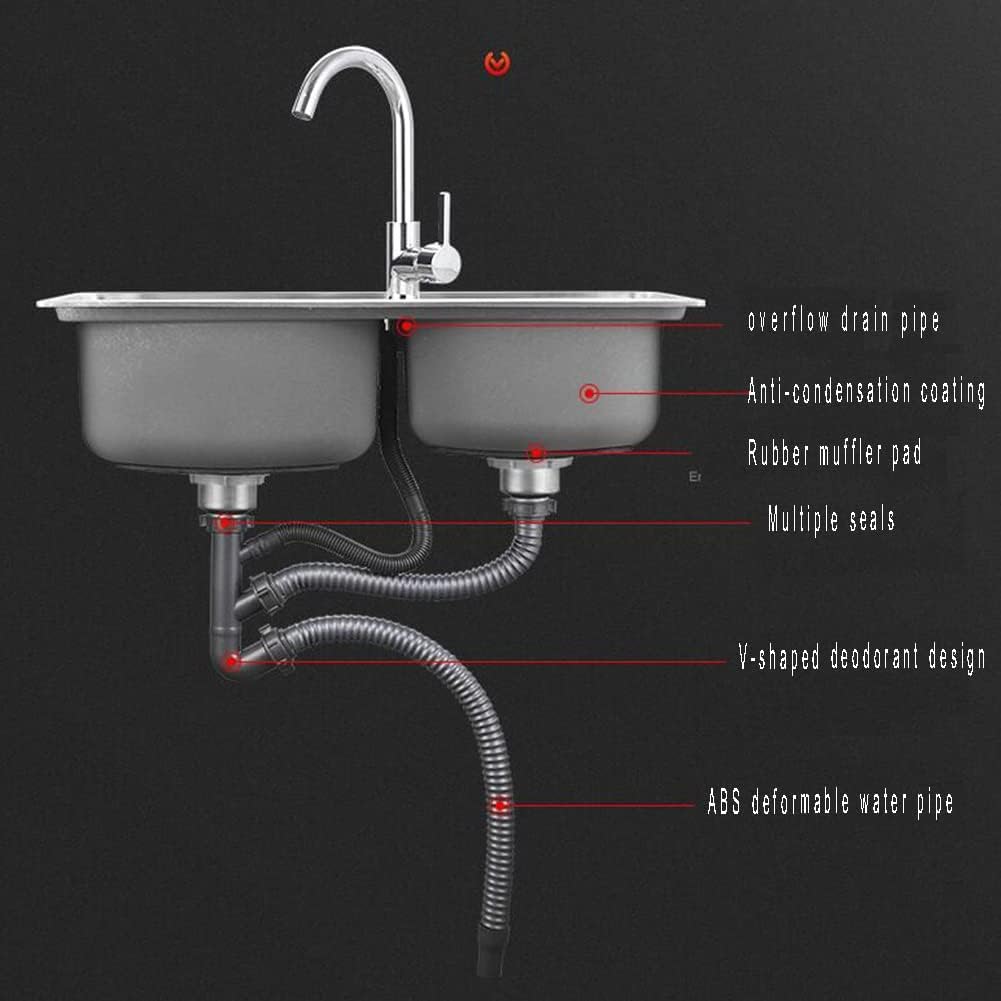 Double Bowl 304 Stainless Steel Kitchen Sink, Handmade Bar Prep Sink with Strainer, Top-Mount/Drop-in Workstation Sink (Color : Silver-A, Size : 75x40cm) (SilverC 81x43cm)