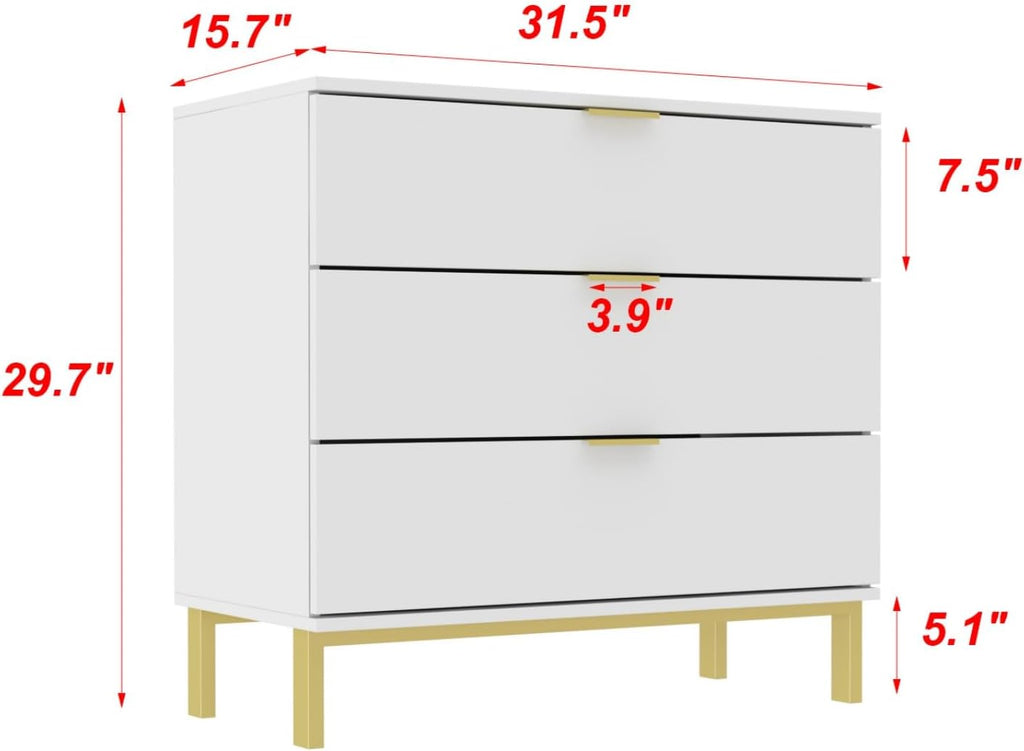 Large White Nightstand Modern End Table with 3 Drawers, Gold Metal Handles & Legs, Bed Side Table for Living Room, White and Gold, 31.5'W x 15.7'D x 29.5'H