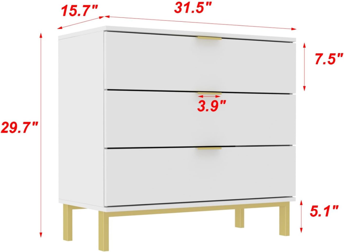 Large White Nightstand Modern End Table with 3 Drawers, Gold Metal Handles & Legs, Bed Side Table for Living Room, White and Gold, 31.5'W x 15.7'D x 29.5'H