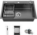 Drop in Stainless Steel Kitchen Sink, 16 Gauge Single Bowl Kitchen Sink, Black 3 Hole Workstation Sink, Topmount Bar Sink, Farmhouse Workstation Sink with Multiple Accessories (23.6 x 17.7in)