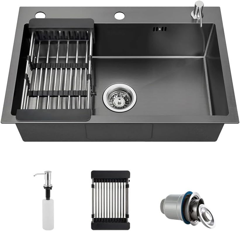 Drop in Stainless Steel Kitchen Sink, 16 Gauge Single Bowl Kitchen Sink, Black 3 Hole Workstation Sink, Topmount Bar Sink, Farmhouse Workstation Sink with Multiple Accessories (23.6 x 17.7in)