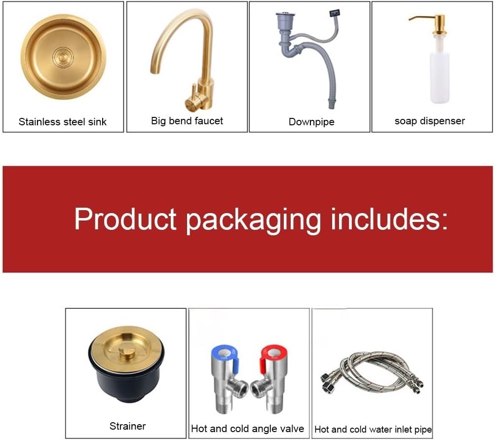 Single Bowl Kitchen Sink 304 Stainless SteelBar Sink Household Small Mini Balcony Sink with Faucet and Drain Kit Drop-in Or Undermount (Color : Gold-1, Size : 40x40cm) (Gold1 32x32cm)