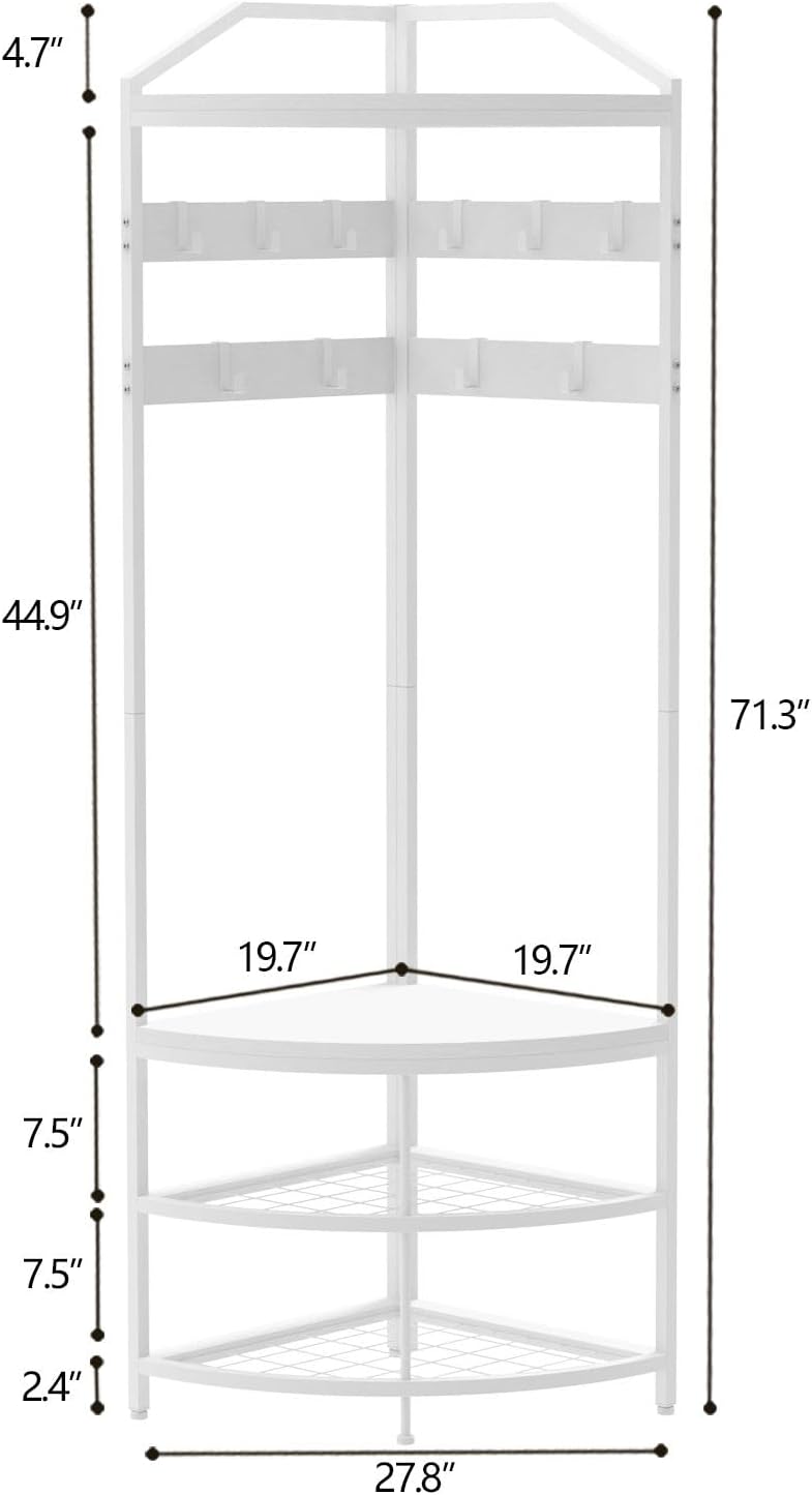 GiftGo Corner Hall Tree with Shoe Bench Entryway Coat Rack with 10 Metal Movable Hooks Freestanding Clothes Rack Shoes Shelf Organizer for Home Office Bedroom (White)
