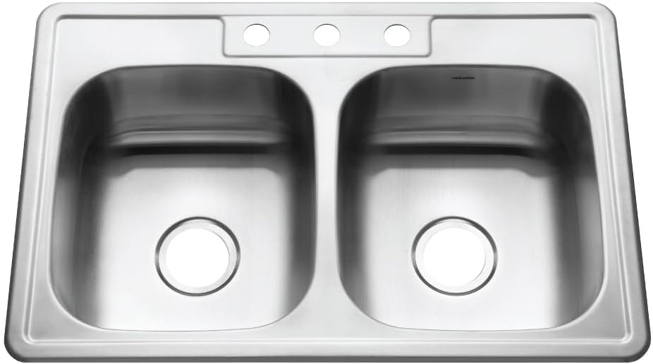 Houzer 3322-8BS3-1 Glowtone Series Topmount Stainless Steel 3-hole 50/50 Double Bowl Kitchen Sink, 8-Inch Deep
