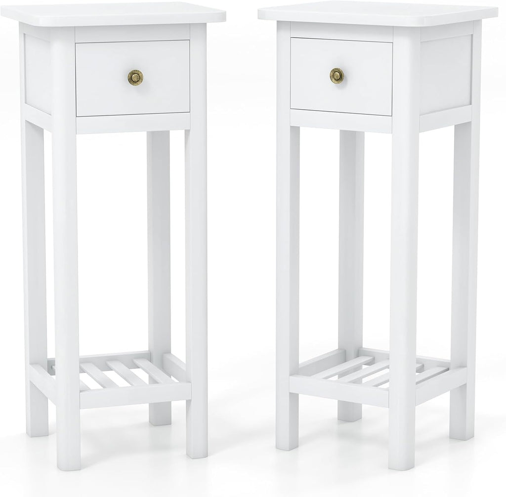 GOFLAME Narrow Side Table Set of 2, Small End Table with Drawer & Shelf, Farmhouse Acacia Wood Tall Sofa Side Table, Slim Nightstand Bedside Table for Small Space Living Room, No Assembly, White