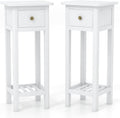 GOFLAME Narrow Side Table Set of 2, Small End Table with Drawer & Shelf, Farmhouse Acacia Wood Tall Sofa Side Table, Slim Nightstand Bedside Table for Small Space Living Room, No Assembly, White