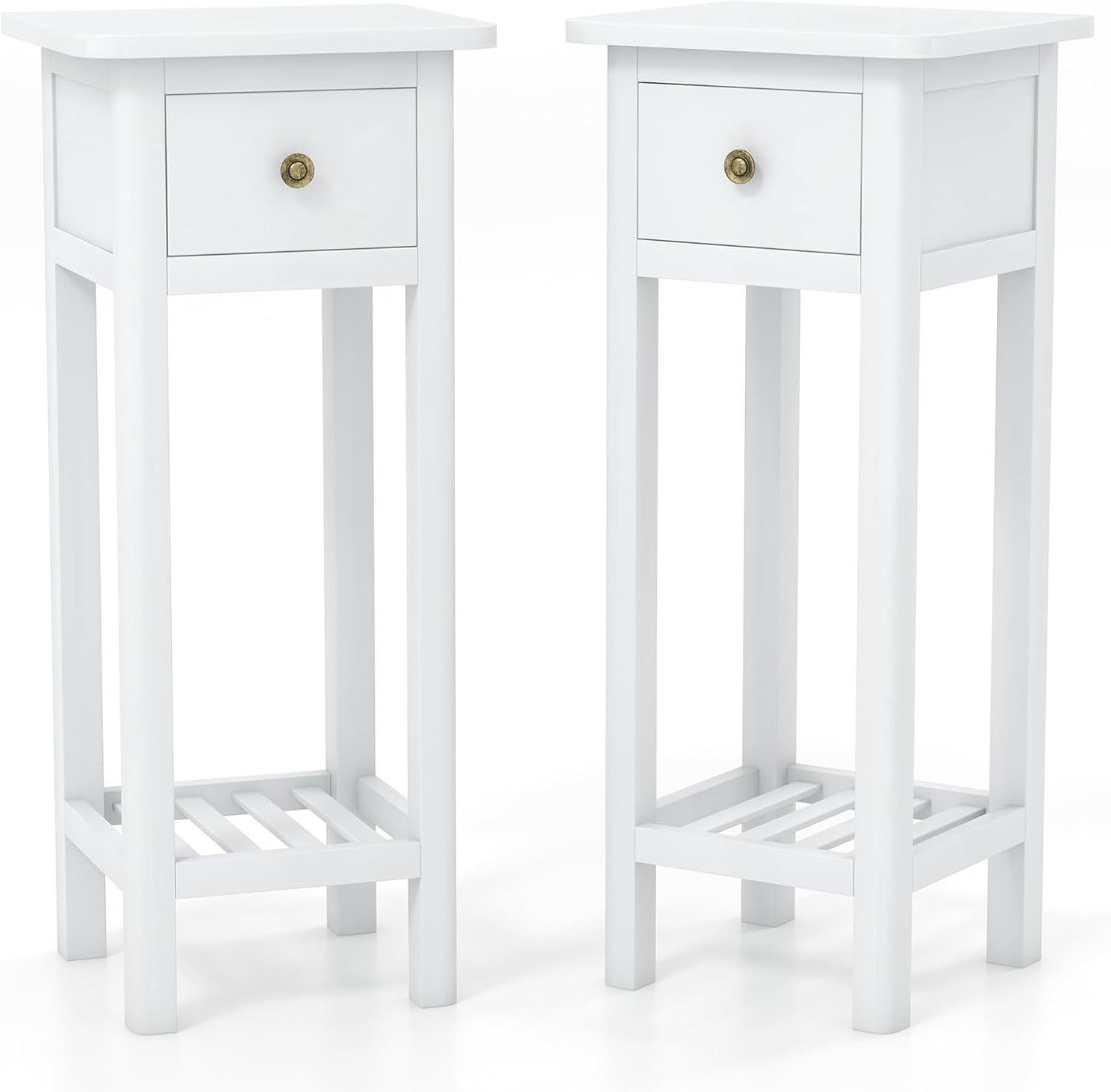 GOFLAME Narrow Side Table Set of 2, Small End Table with Drawer & Shelf, Farmhouse Acacia Wood Tall Sofa Side Table, Slim Nightstand Bedside Table for Small Space Living Room, No Assembly, White