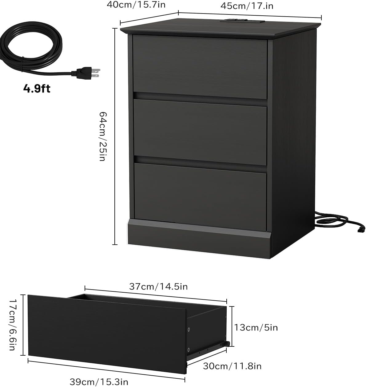 2 pcs Nightstand with Charging Station, Side Table with 3 Drawers, Wooden Bedside Table with Type C, USB Ports and Outlets for Bedroom, Black