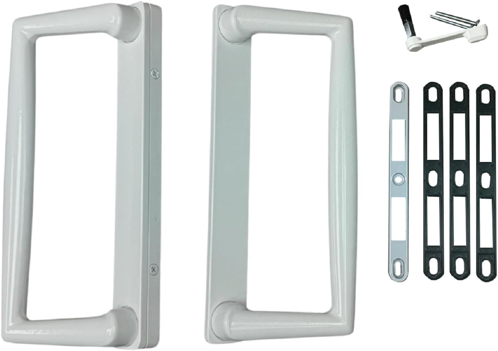 9' White PGT Sliding Glass Patio Door Surface Mount Handle Set Replacement with Thumb Latch Lever, Screws, and Keepers - 4-7/8' Hole Spacing - Fix and Repair Door Hardware