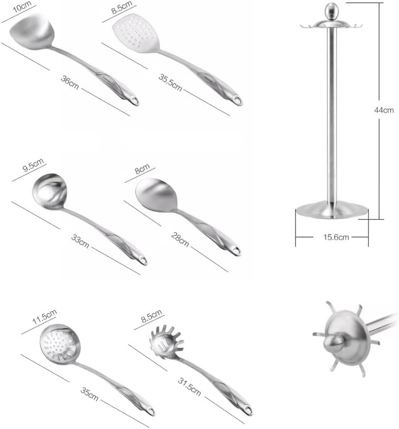 Stainless Steel Cooking Utensils Set with Holder, 7-Pieces All Metal Kitchen Utensils, Kitchen Tools with Countertop Rotating Stand