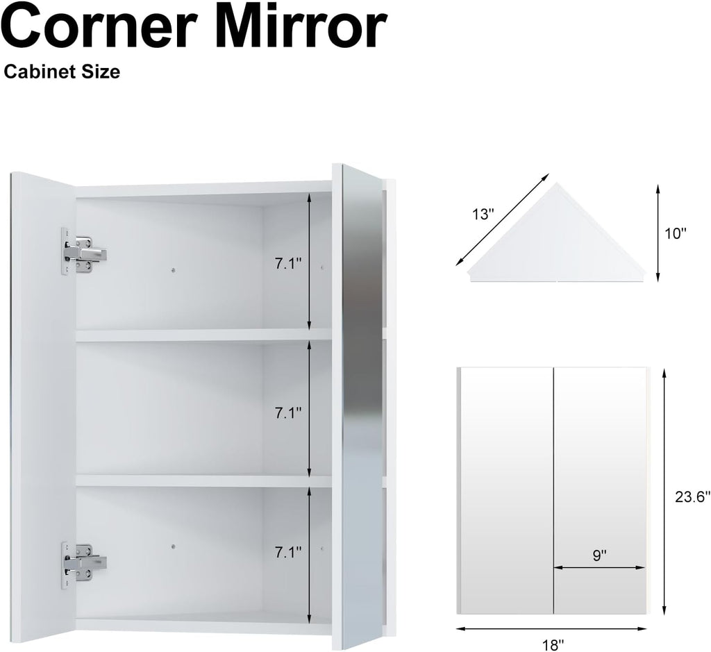 Corner Medicine Cabinet with Mirror,Bathroom Corner Mirror Cabinet with 2 Doors,Medicine Cabinet Wall Mounted for Small Space,2 Fixed Shelves,White,24' x18'