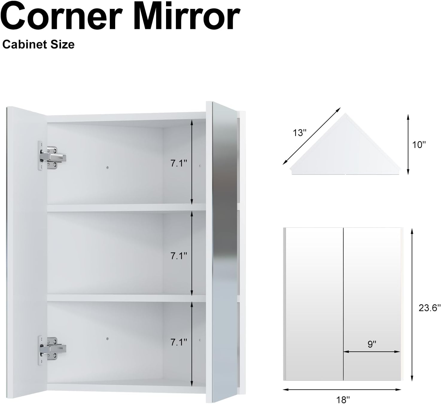 Corner Medicine Cabinet with Mirror,Bathroom Corner Mirror Cabinet with 2 Doors,Medicine Cabinet Wall Mounted for Small Space,2 Fixed Shelves,White,24' x18'