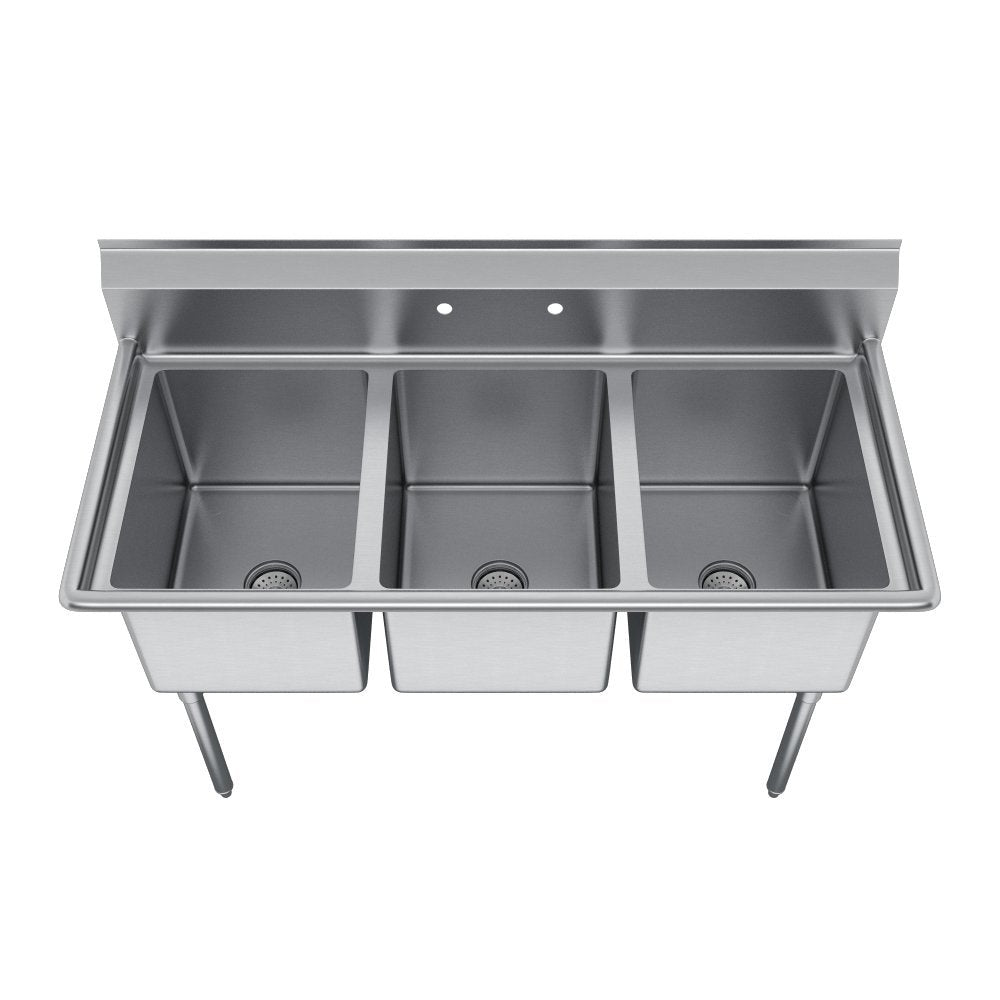Elkay Foodservice 3 Compartment Sink, 81'X29.75' OA, 36' Working Height, 24X24 Bowl, 12 Deep, 9.75' Backsplash, No Drainboards, 8' On Center Faucet Hole, Galvinized Legs, Adjustable Feet, 18 Gauge 300 Series Stainless Steel, NSF Certified