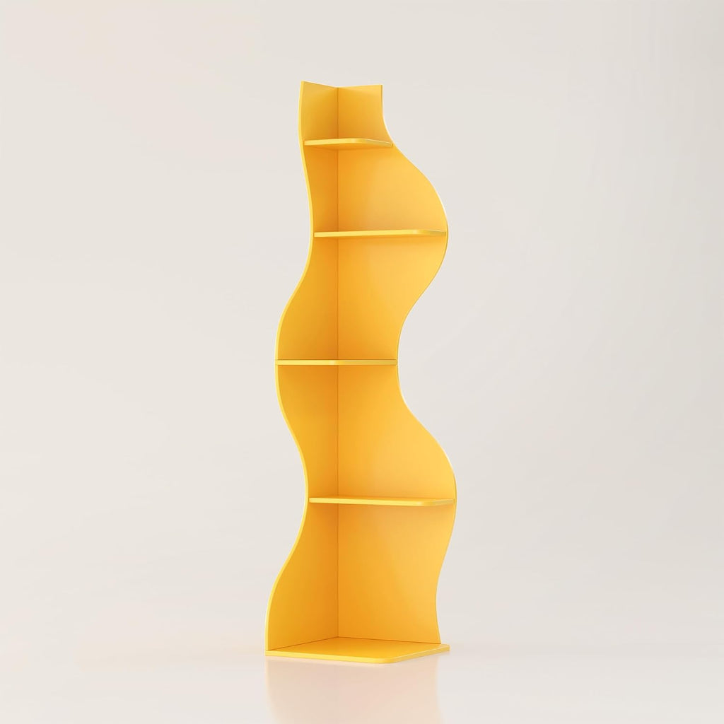 YOWOS 69.4' 5-Tier Modern Corner Bookshelf – Wavy Wooden Display Shelf with Storage, Narrow Corner Bookcase for Small Spaces, Ideal for Plants, Books & Decor (Yellow)