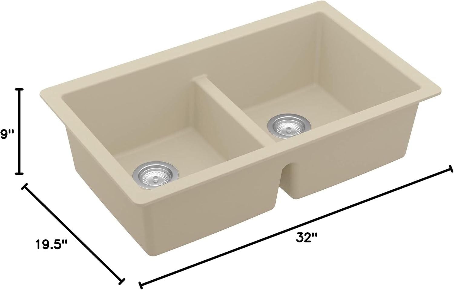 Karran 32' Bisque Quartz Composite Undermount Double Bowl Kitchen Sink with Low Divider – 50/50 Equal Bowl, 80% Natural Quartz, 535°F Heat Resistant, Sound Dampening, QU-810
