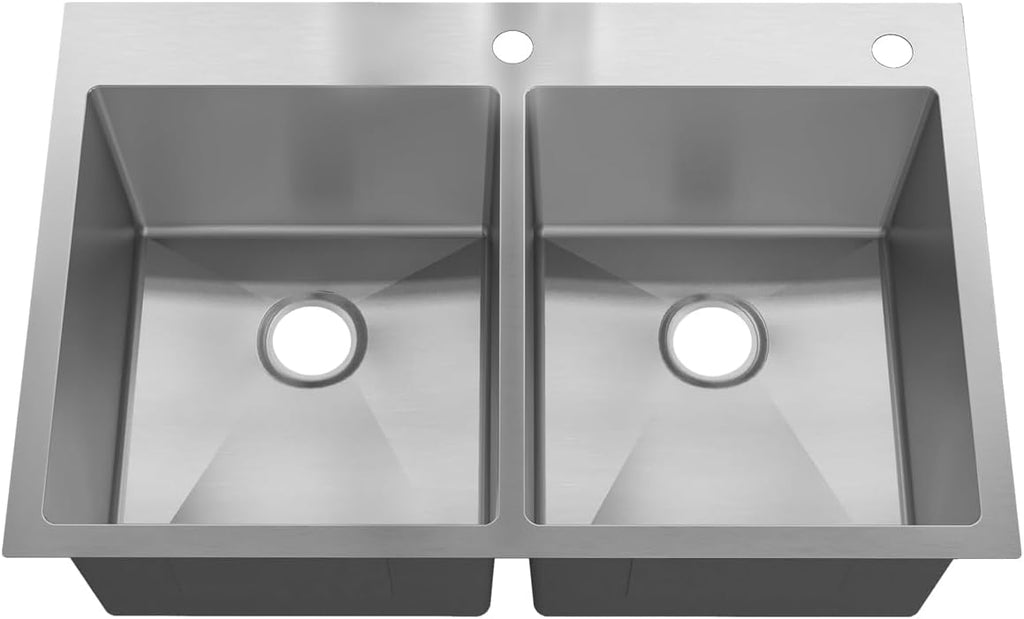 Sinber HT3322D-9-S 33' x 22' x 9' Drop In Double Bowl Kitchen Sink with 18 Gauge 304 Stainless Steel Satin Finish (Sink Only)